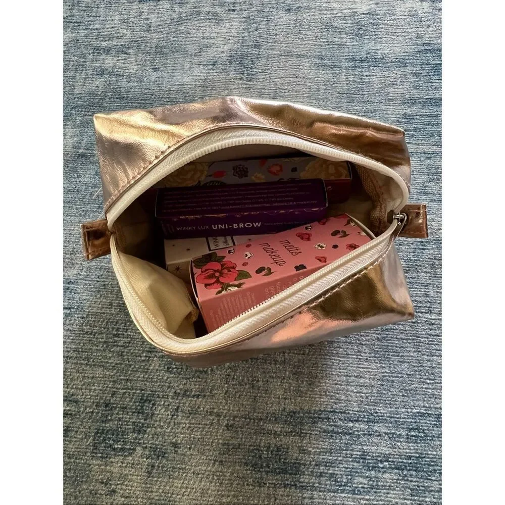 Winky Lux Rose Gold Travel Bag Brow Pencil Lip Gloss Lipstick Cleanser